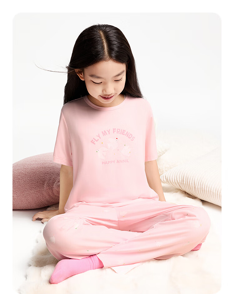 Annil Girls' Home Wear Set, 2025 Summer New Style, Breathable Modal, Pink Loose Pajamas And Pants 4