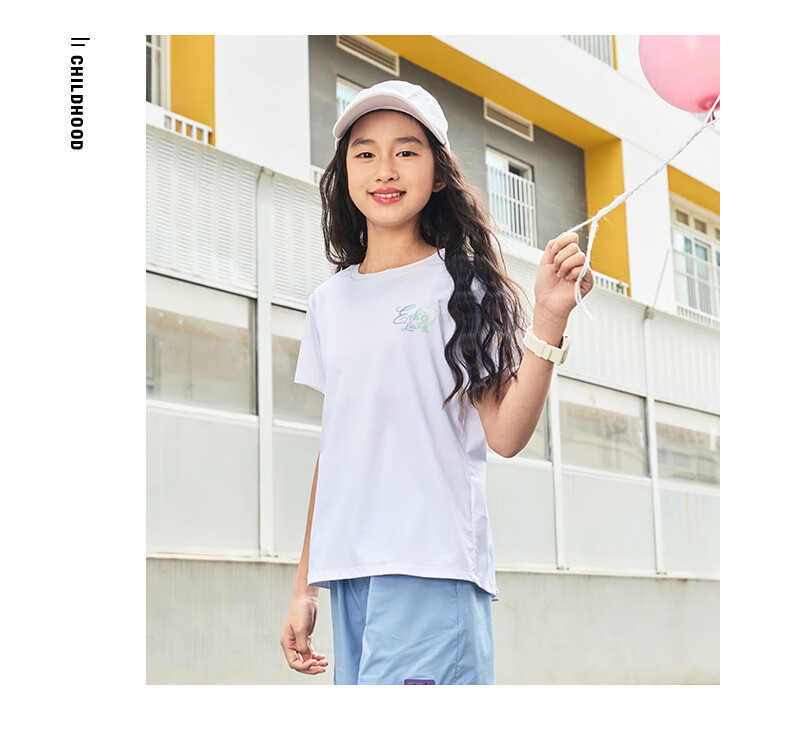 ERKE Girls' Round Neck Knit Short-Sleeve T-Shirt for Older Children, Summer Campus Youth Style, Cream Sweet Peach Color, Size 130 25