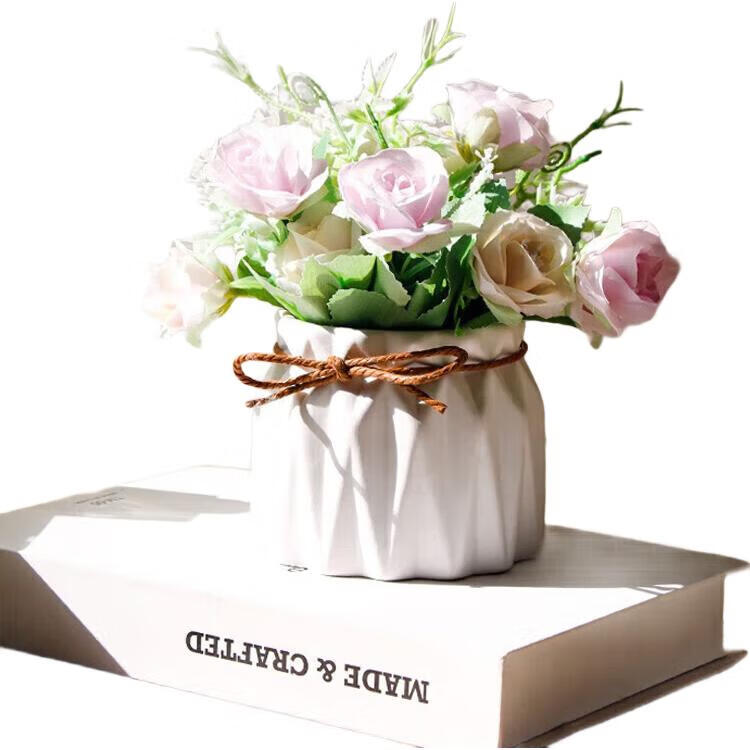 Shengshitaibao Artificial Flower Arrangement, Silk Flowers, Decorative Floral Art, Ceramic Small Vase, Living Room Decorative Ornament, Light Purple Rose