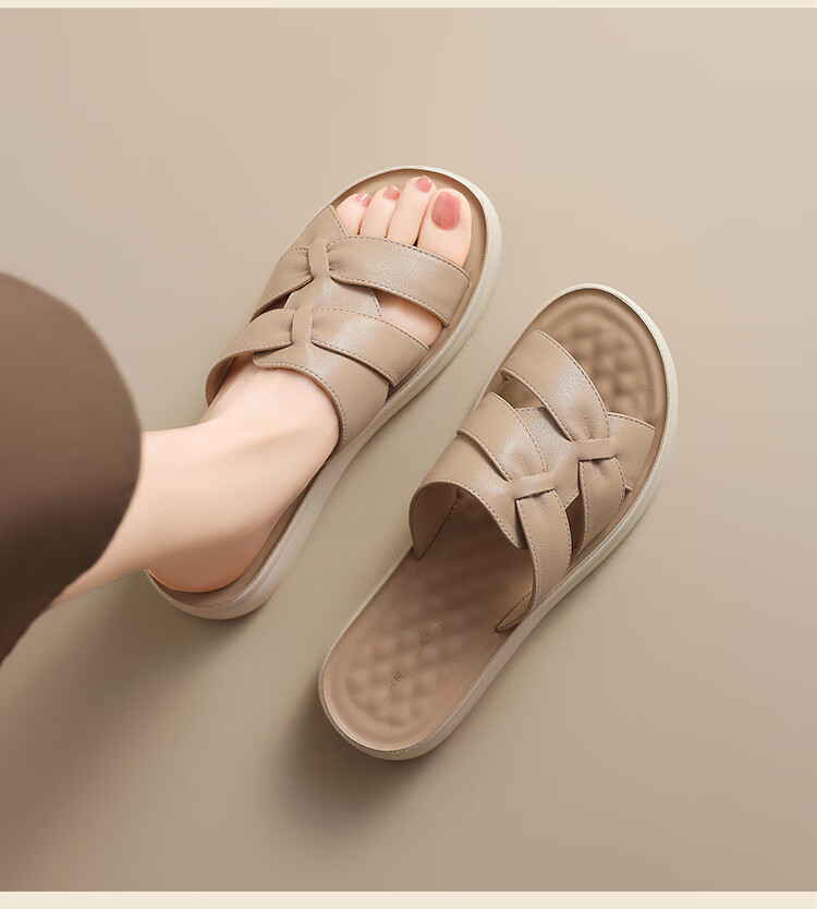ZHR Zese First Layer Cowhide Thick Sole Women's Summer Casual Beach Woven Slippers Soft Comfort Shoes EQ09 Apricot Size 36 13