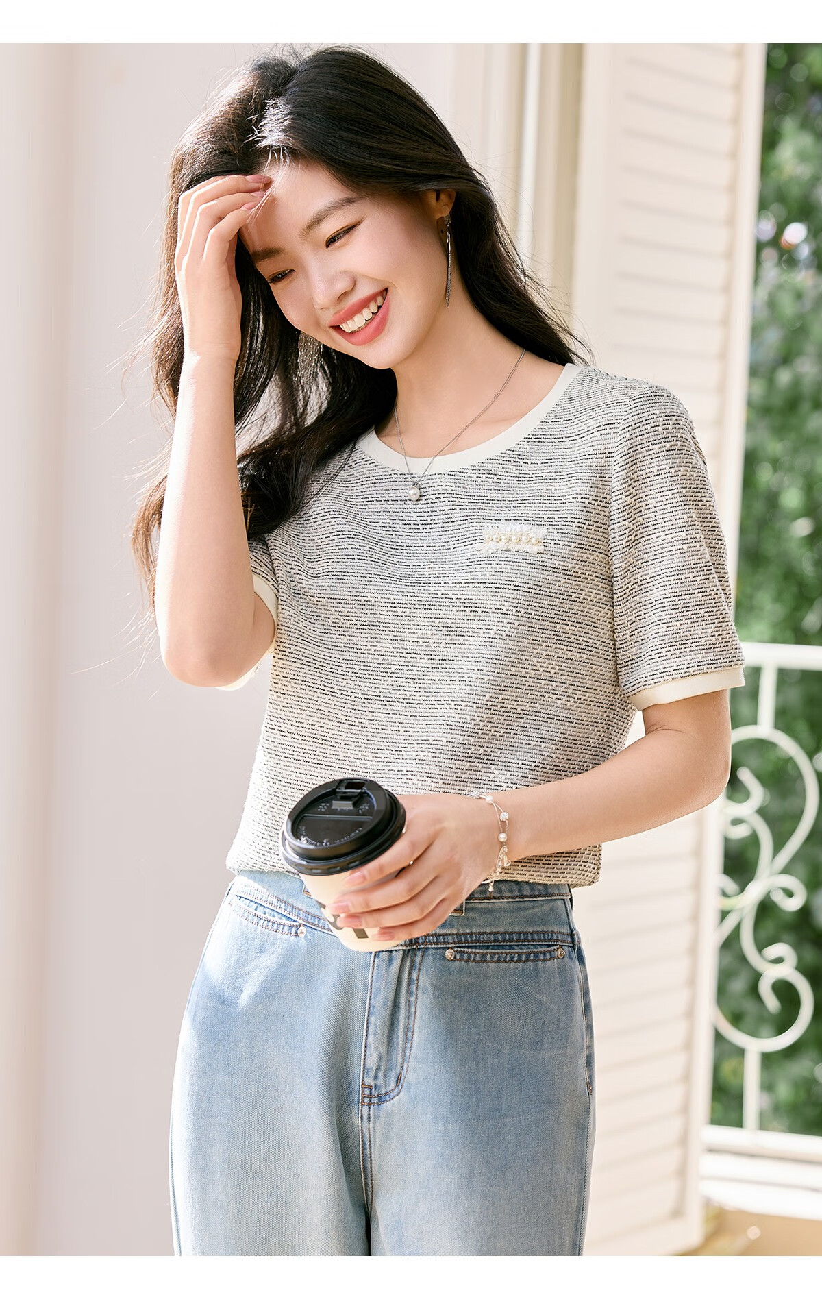 Taxiang Long-Sleeve T-Shirt for Women, Round Neck, Chanel-Style, Regular Shoulder Top, Versatile Design Long-Sleeve Base Shirt, Women's T53T031 17