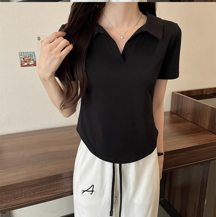 Langsha Women's Short Sleeve V-Neck T-Shirt Summer Fashion Versatile High-End Black Slim Fit Crop Top 18