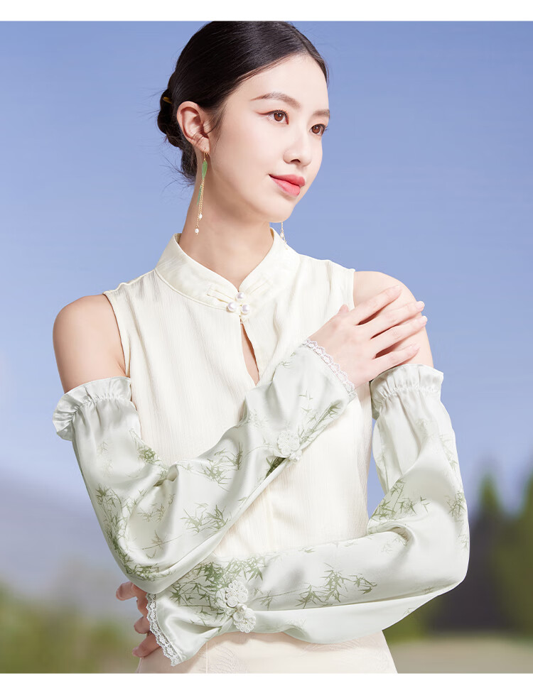 Shanghai Story Women's Silk Sun Protection Ice Sleeves Spring Summer 100% Mulberry Silk Satin Printed Loose Retro Sunshade Arm Sleeves Valentine's Day Gift 11