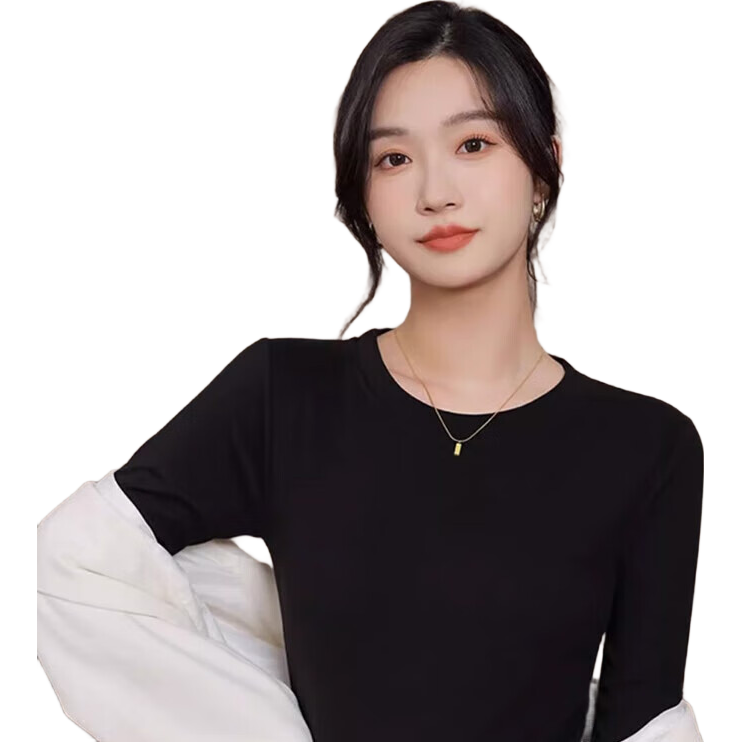 LangSha Round Neck Base Layer for Women, Fall/Winter 2025 New Thickened Ribbed Fleece, 7A Antibacterial Anti-Mite Long Sleeve Slim-Fit Inner Top