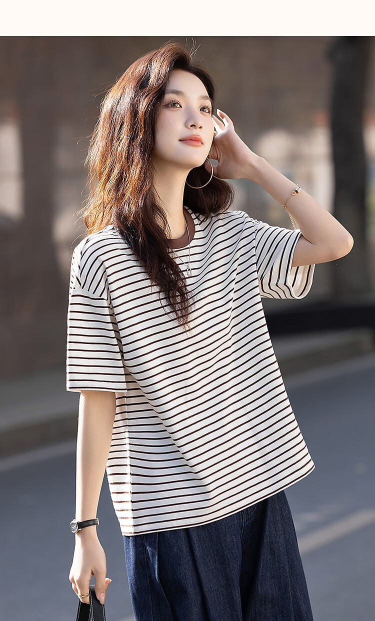 Demana [Leisure Style] Summer Simple Retro Striped Five-Sleeve Loose Fit Slimming Women's T-Shirt 11