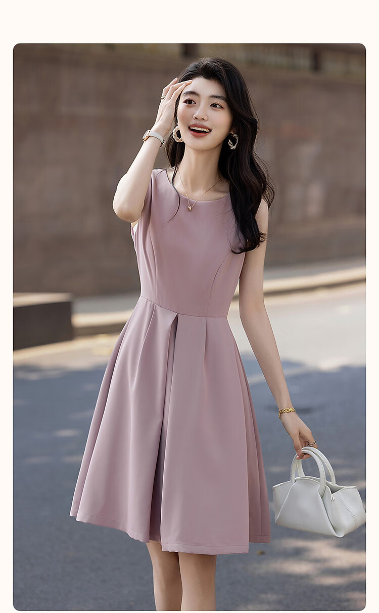 Dme [Urban Design Style] Summer Textured Linen Round Neck Waist-Cinching A-Line Pleated Women's Dress 2