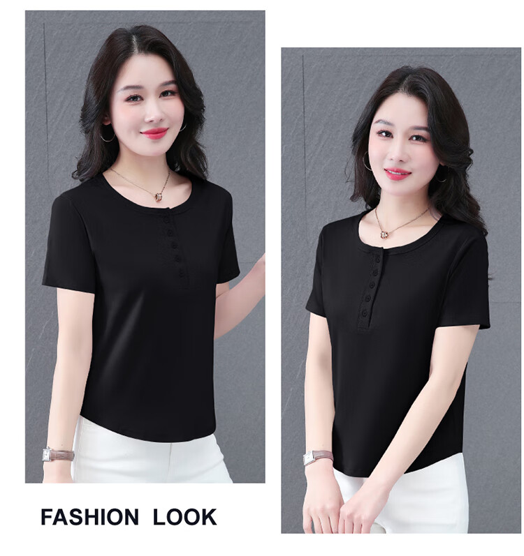 Woodpecker Women's Regular Shoulder Short Sleeve T-Shirt Casual 2025 Summer Slim Button Solid Color Half Sleeve Top Black L 6