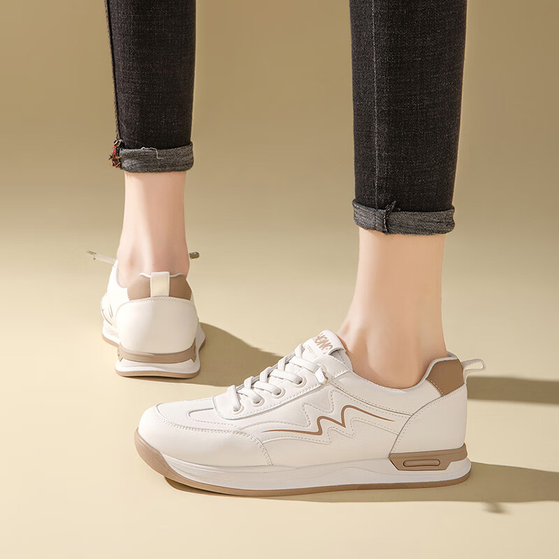 RED DRAGONFLY Women's Shoes, 2026 Autumn Casual Shoes, Thick-Soled Heightening White Sneakers, Versatile Outdoor Wear, WPB15014, White/apricot Color, Size 37
