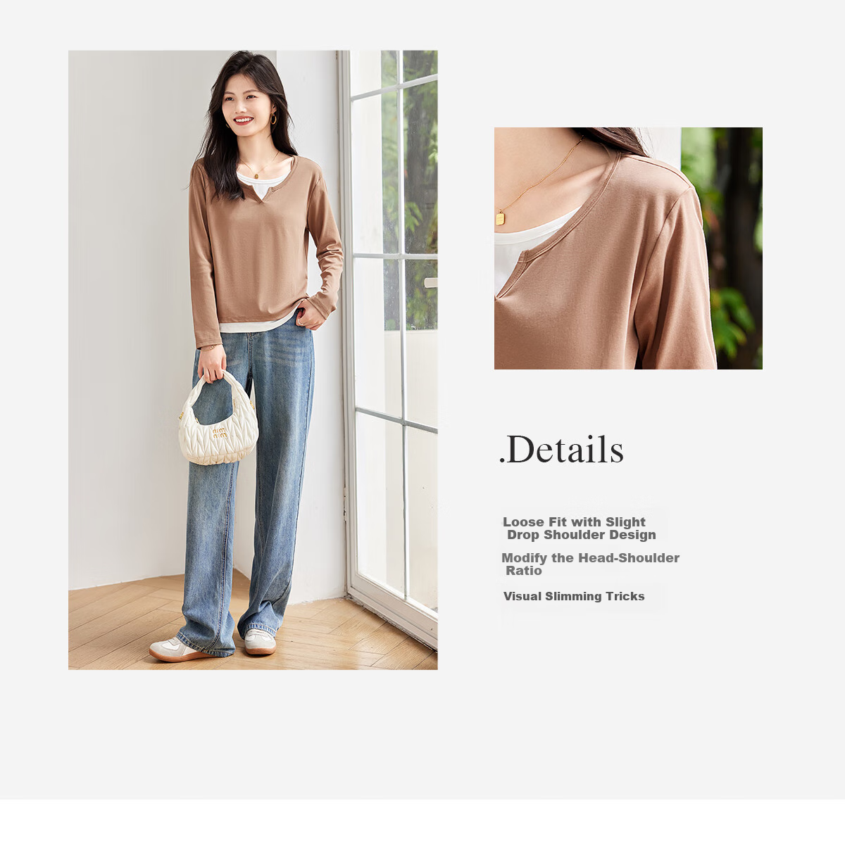 Taxiang Long-Sleeve T-Shirt for Women, Wilderness Maillard Small V-Neck Faux Two-Piece Top T-Shirt Spring Autumn Contrasting Color Base Shirt T143T2042 14