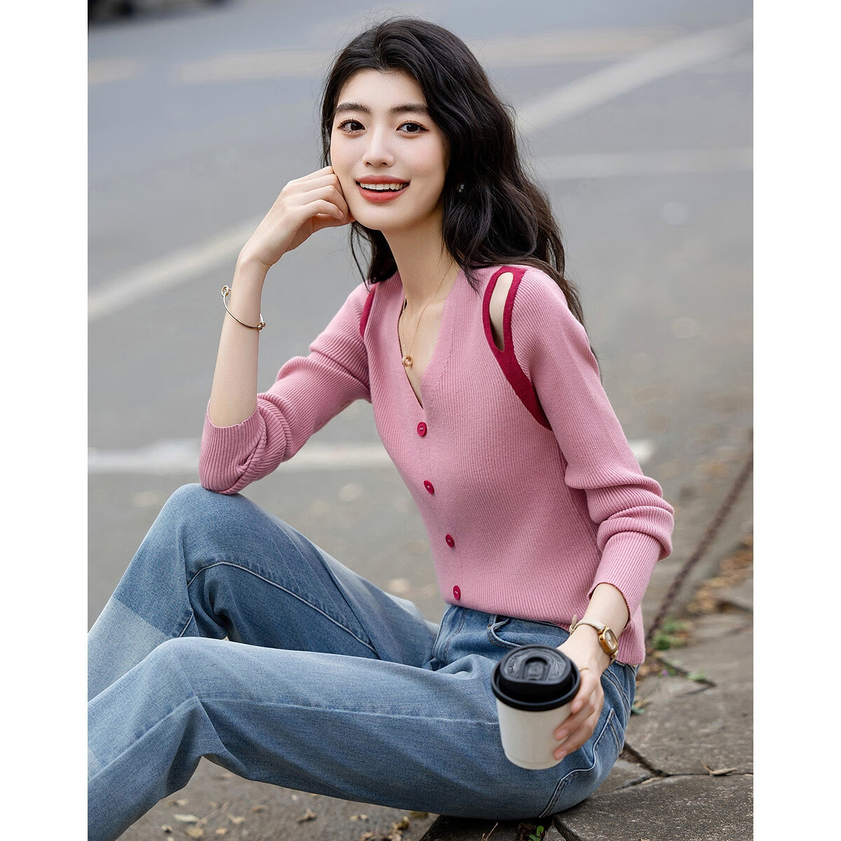 Dme [Soft Cloud Feel] Summer French Off-Shoulder V-Neck Sweater, Hollow-Out Contrasting Color Long-Sleeve Comfortable Knit Top for Wome