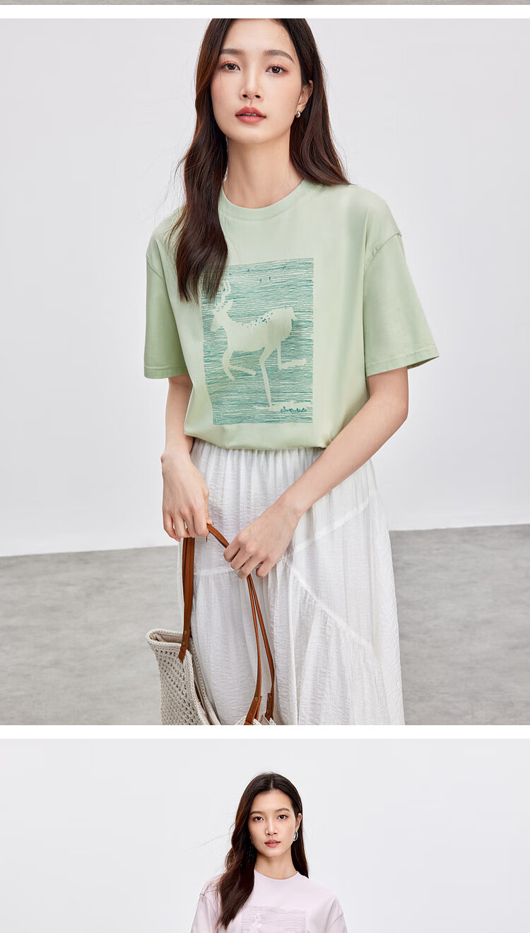Shangdu Bila Cotton Casual Versatile Youthful T-Shirt Women Summer New High-End 3D Embossed Print Drop Shoulder Short Sleeve Top 25