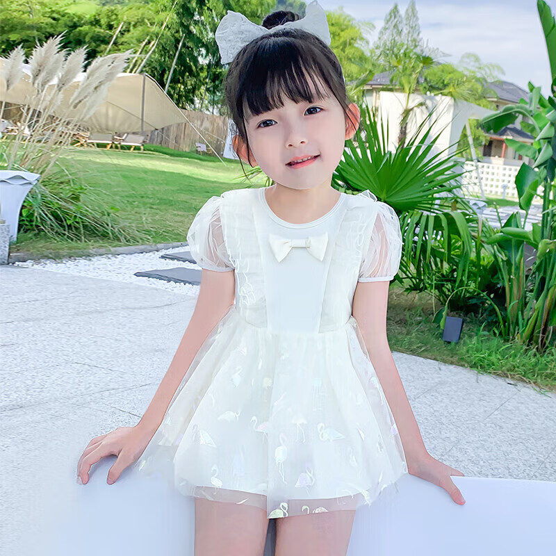 F.DYRAA Girls' One-Piece Swimsuit, Cute Princess Style for Swimming Pool And Hot Springs, Size L, Beige Color, Item Number 32649