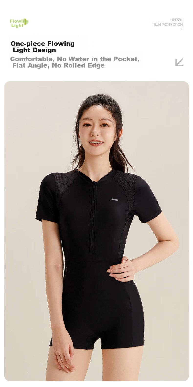 Li-Ning Women's One-Piece Swimsuit, Square Leg, Minimalist Design, Professional Athletic Swimwear, Conservative, Slimming, Hot Spring Swimwear, 0581 Black XL 2