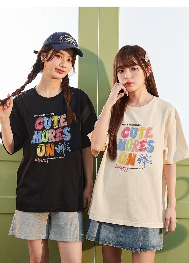 TonLion 2025 Women's Crew Neck Graffiti Text Cotton Short Sleeve T-Shirt Apricot Batch S 14