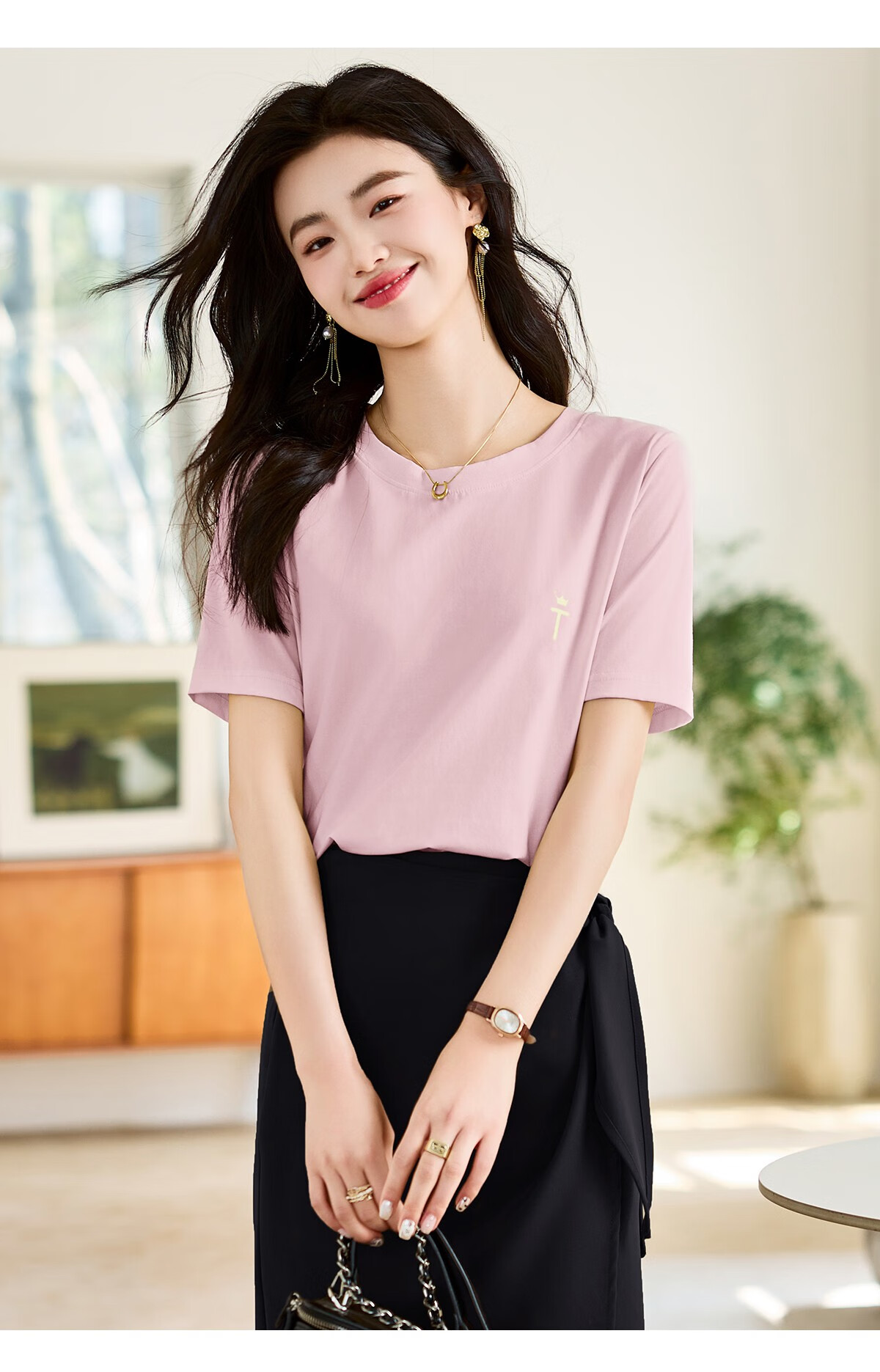 Taxiang Women's Short-Sleeve T-Shirt, Round Neck, Casual Versatile Embroidered Top, Ladies' T-Shirt, Simple Short-Sleeve Undershirt T143T1390 22