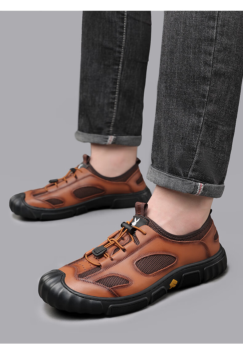 PLAYBOY Men's Shoes, Lightweight Breathable Hollow Business Sandals, Closed-Toe Genuine Leather Middle-Aged Dad Sandals, Dark Brown, Size 38 7