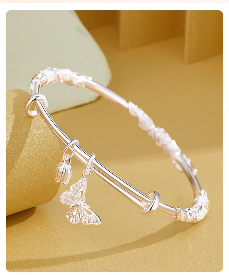 Zhoubaifu Floral Bangle Bracelet for Women, Solid Silver Plated Bracelet, Birthday Gift for Girlfriend on May 20 And Valentine's Day 9