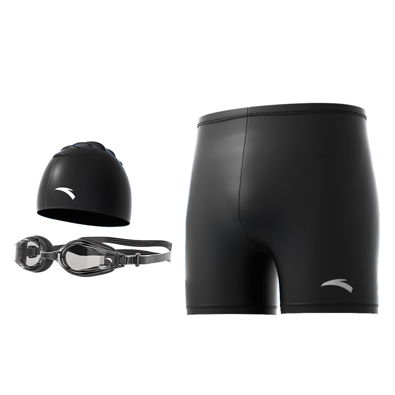 ANTA Men's Swim Trunks, Swimming Set with Nearsighted Goggles And Swim Cap, Square-Leg Swim Shorts Three-Piece Set, Men's Sports Equipment, Black, M