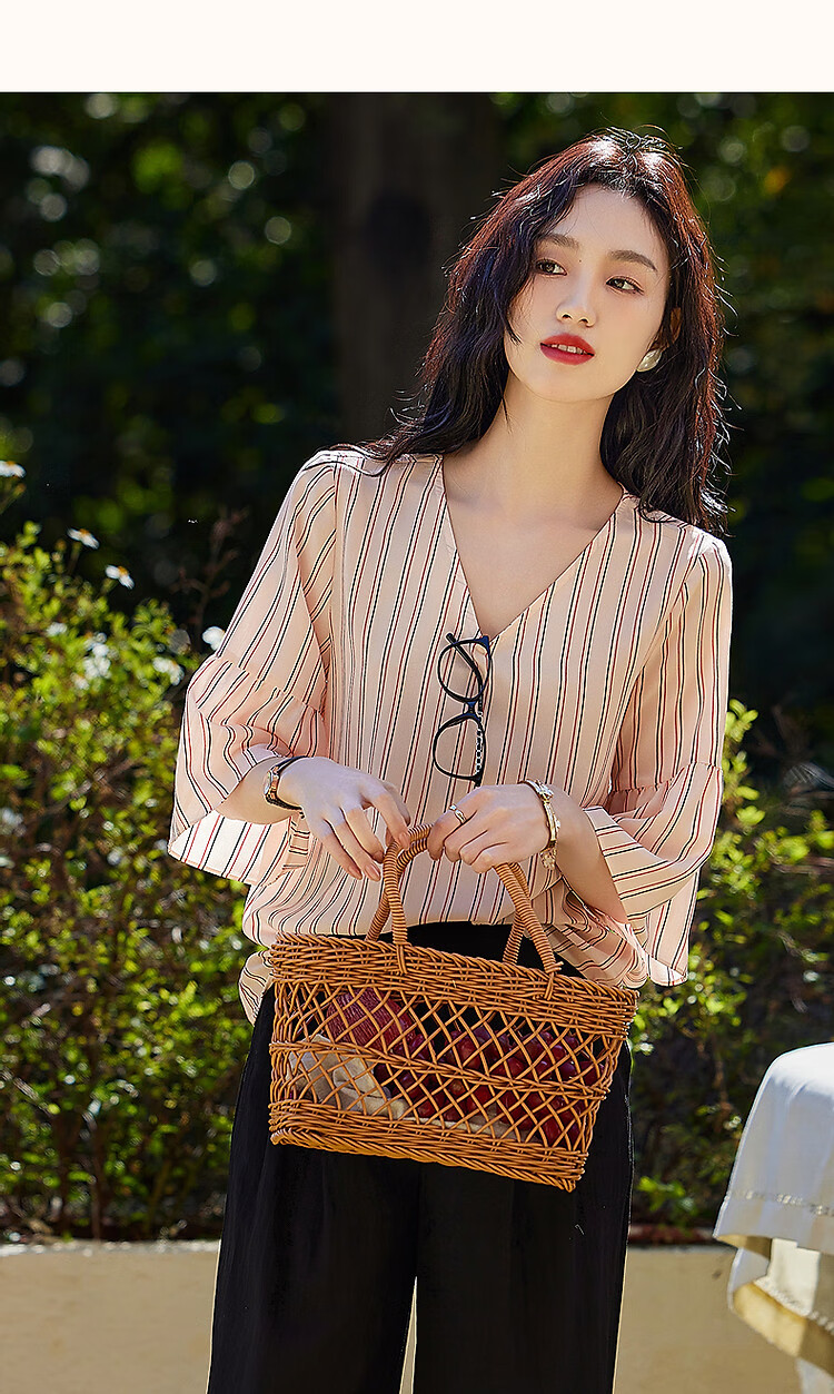 Demana [Artistic Melody] Summer V-Neck Composite Silk Huayao Shirt with Pleated Bell Sleeves Flowing Blouse Women's Top 34