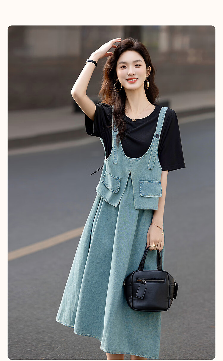 Demana Faux Two-Piece Layered Effect Summer Round Neck Cloud Cotton Denim Patchwork Mid-Length Women's Knit Dress 3