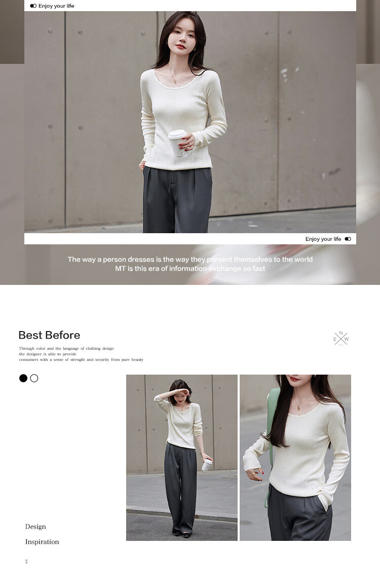 Mt [Simple Wavy Edge] Autumn Fashion Classic Simple Comfortable Pullover Long-Sleeve Knit Sweater for Women, White, M 2