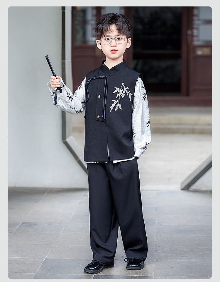 Radish Beibei Boys' New Chinese Style National Vest Set Children's Ancient Style Hanfu Performance Costume Black Two-Piece Set Size 150 2