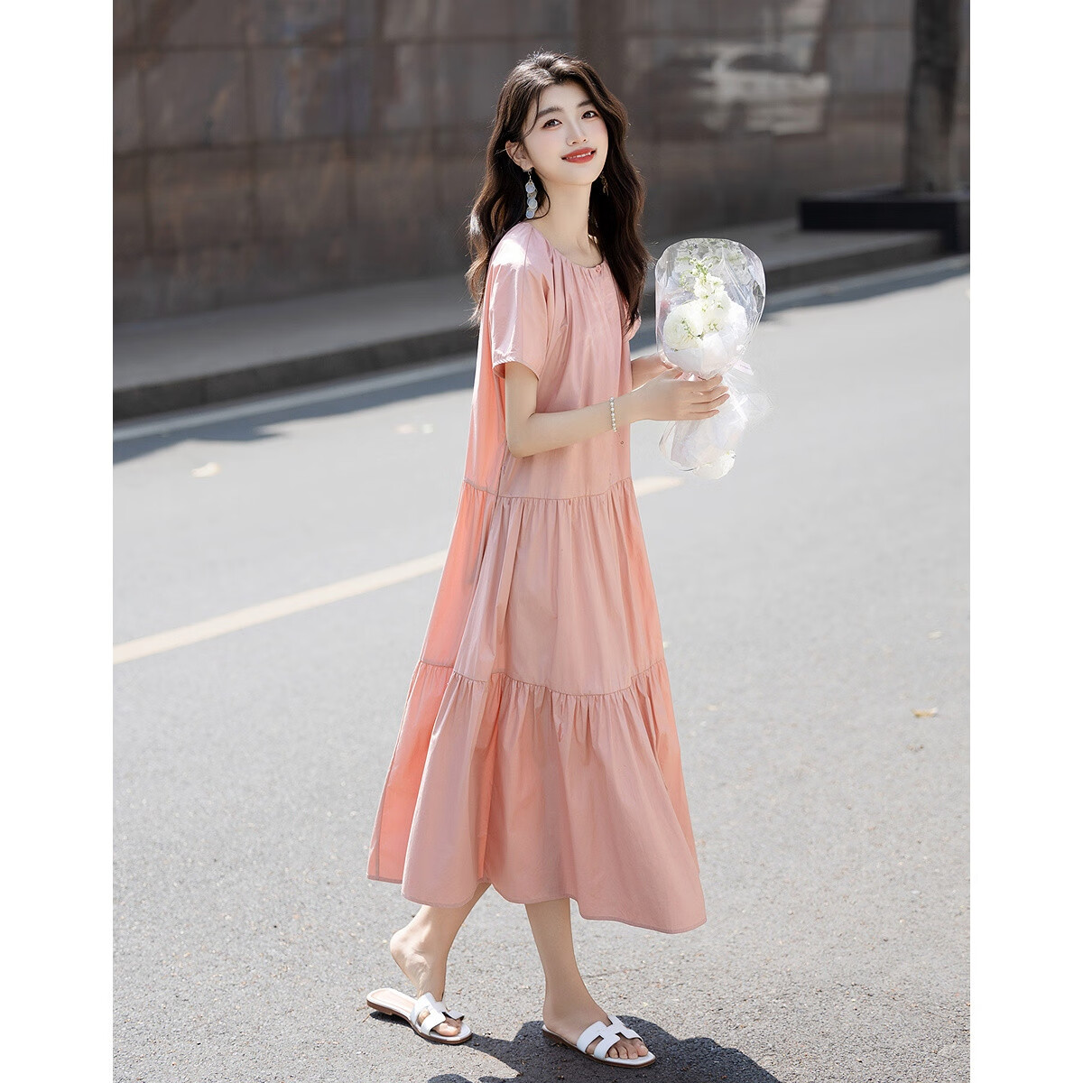 Demana Soft Mist Morandi Summer French Style Pure Cotton Round Neck Design Split Loose Waist Short Sleeve Women's Dress
