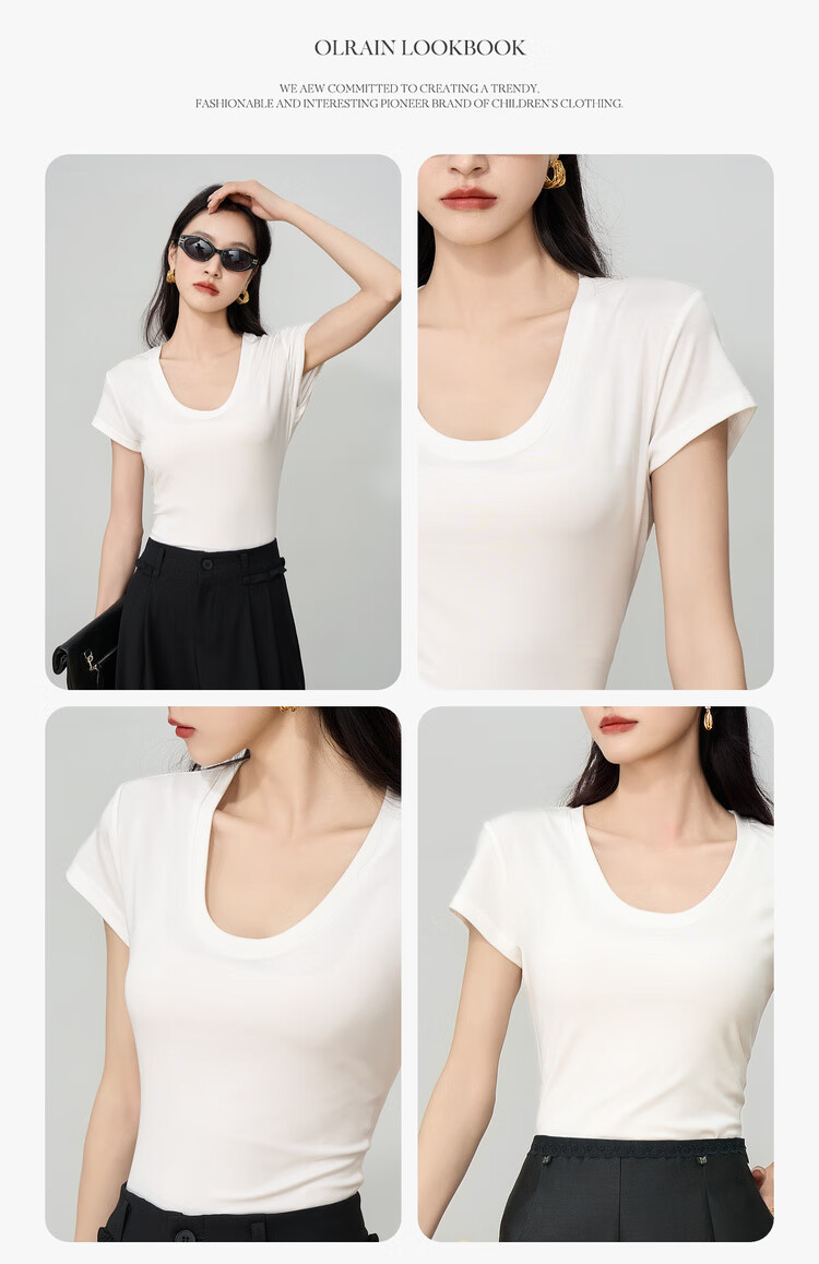Olrain White U-Neck Slim Fit Short Sleeve T-Shirt for Women Summer Petite Top White L 7