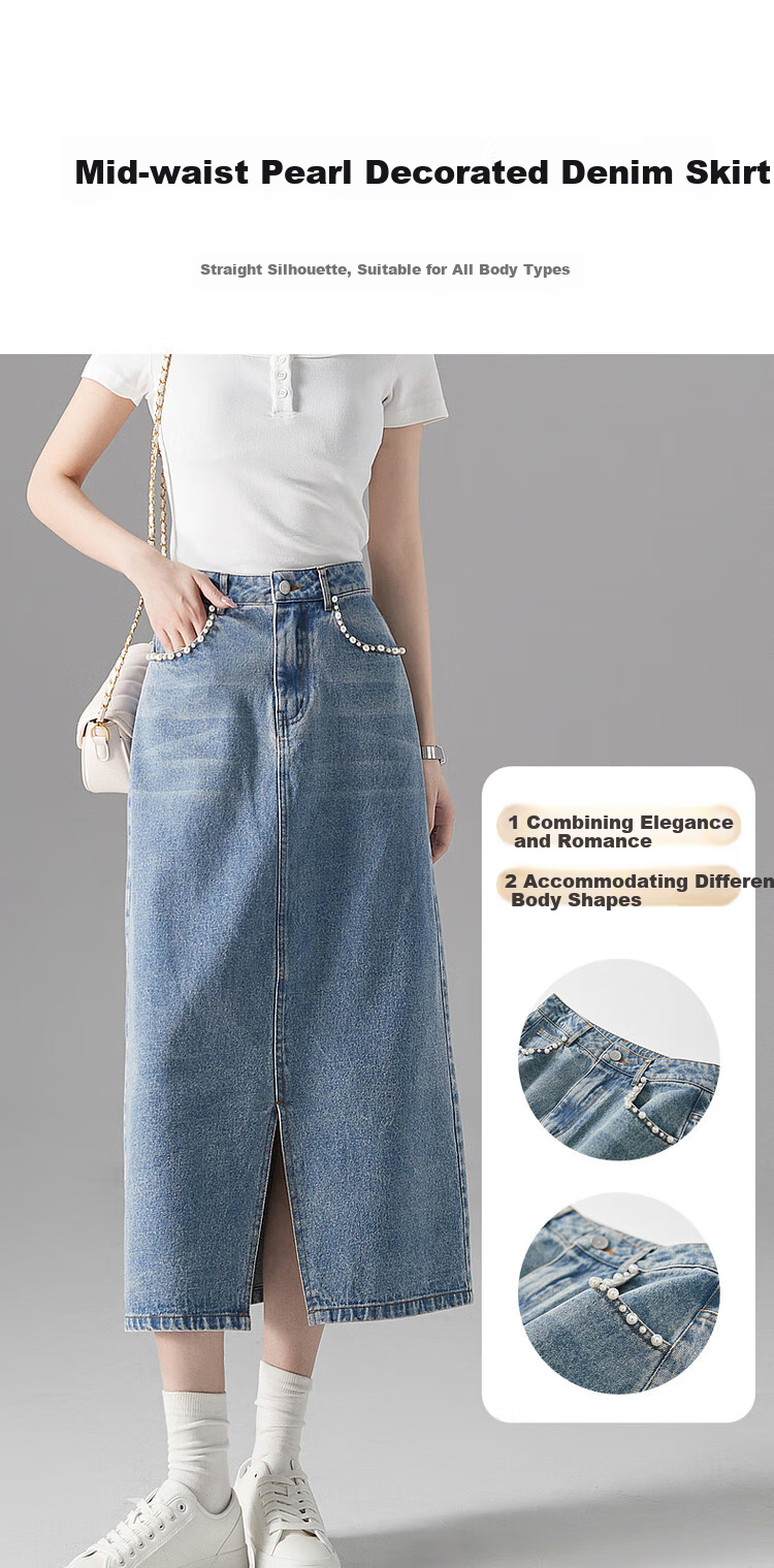 Dme [Yuanqi Yujie] Spring And Autumn Treasure Cloud-Feel Pure Cotton Pearl Decorative Design Split Denim Midi Skirt for Wome 2