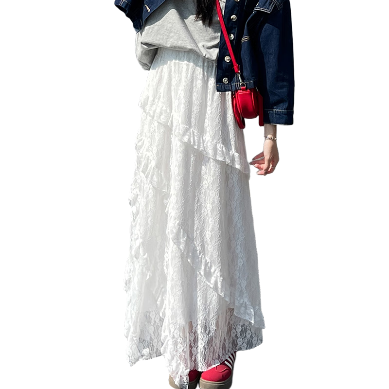 LangSha White Midi Skirt for Women, Summer New Style Versatile High-Waist A-Line Long Skirt with Design-Inspired Patchwork Lace Cake Skirt