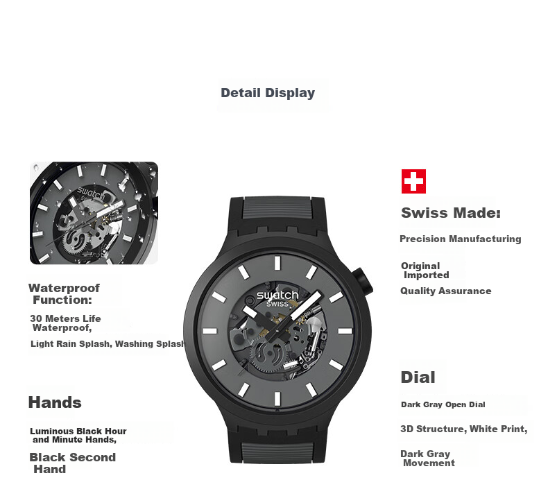 Swatch Swiss Watch, Skeleton Large Dial Trendy Gift for Boyfriend, Exam Watch Wristwatch Graduation Present, Black Night Starry Sky 5