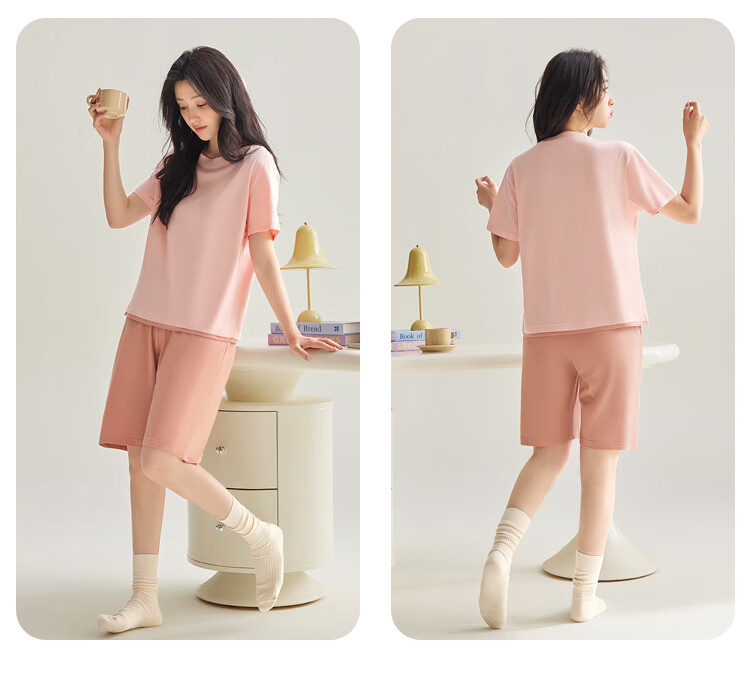 Hodo Women's Pure Cotton Color-Block Simple Short-Sleeve Pullover Shorts Pajama Set 15