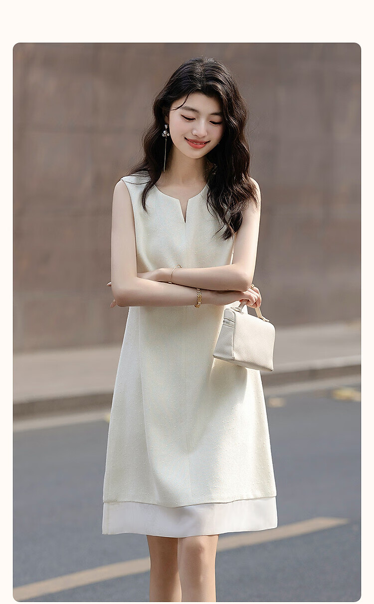 Demana Summer Little Chanel Style V-Neck Organza Spliced Sleeveless Women's Dress with Granular Two-Tone Yarn Weaving Craft 2