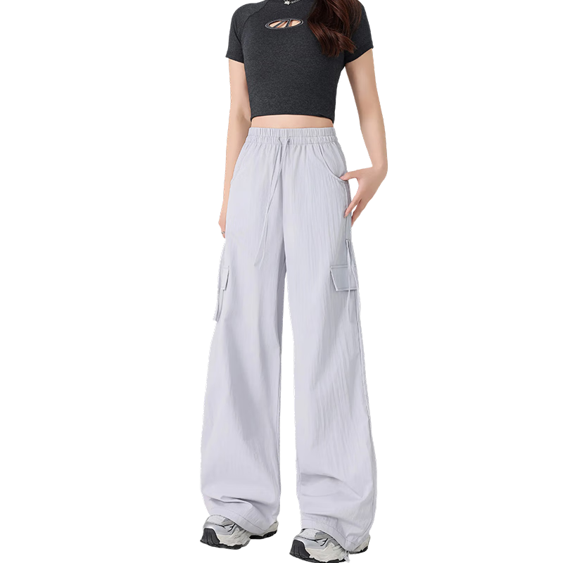 Free Style Women's High Waist Draped Wide Leg Cargo Pants 2026 Summer New Ice Silk Cool Casual Sports Paratrooper Tactical Pants