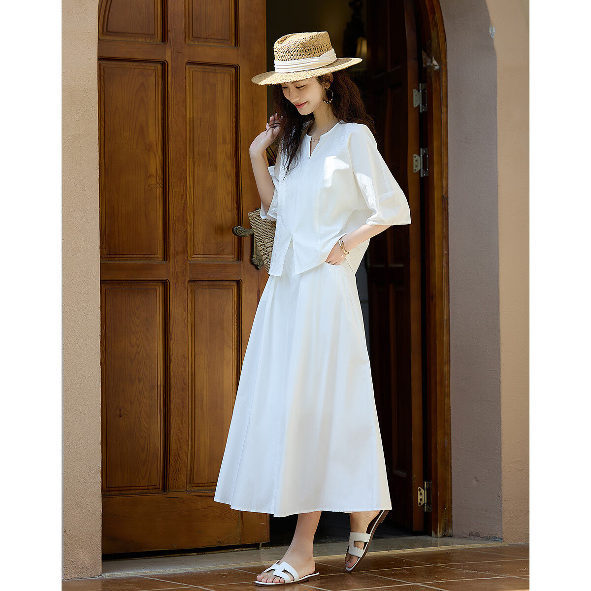 Demana Women's Artist Set Summer High-Quality Pure Cotton Puff Sleeve Top A-Line Slit Skirt Two-Piece Set