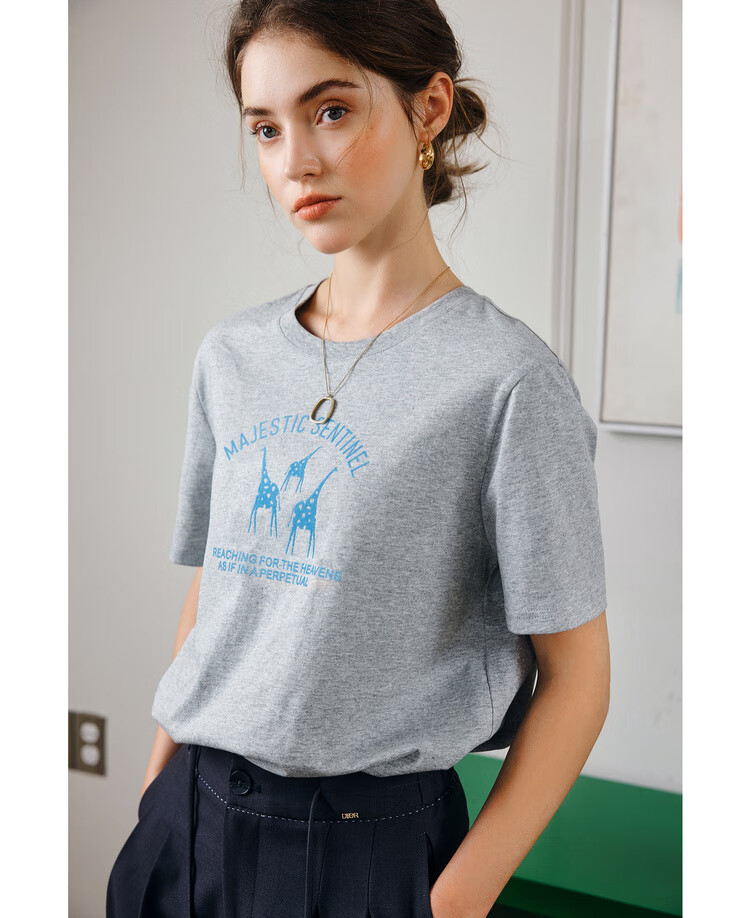 Oulain Summer Flocked Fun Printed Gray Round Neck Loose Casual Short-Sleeve T-Shirt Women's Top, Floral Gray, M 12