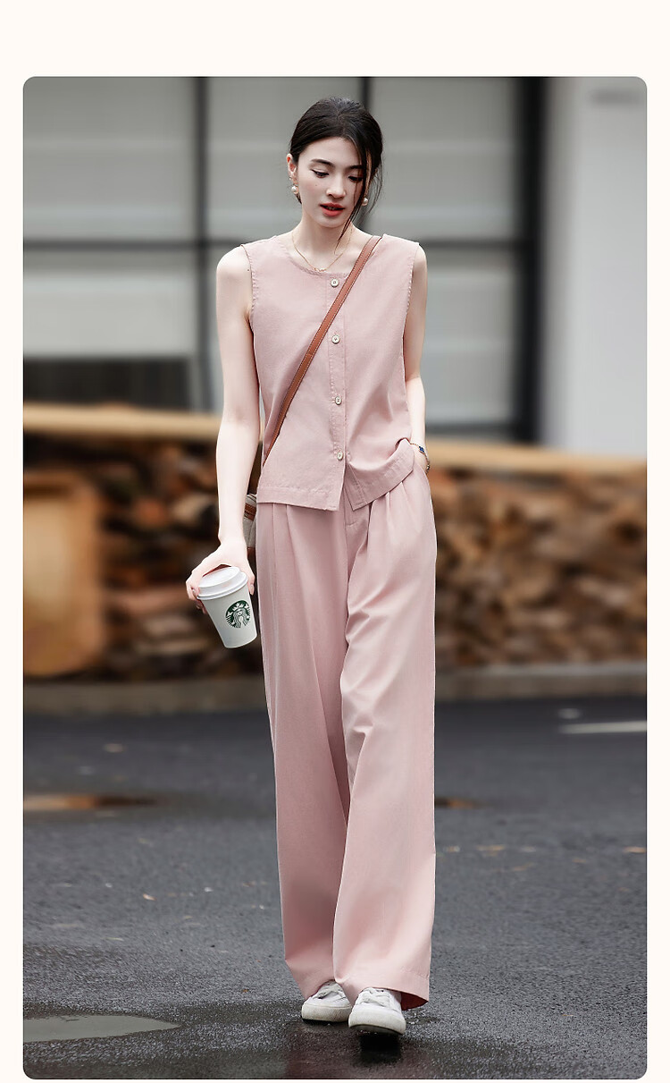 Dme High-Sense CBD Commuter Summer Minimalist Cotton Set Round Neck Vest Elastic Waist Pants Two-Piece Set 3
