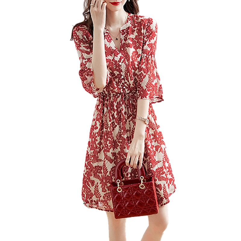 Demana [Rain Dyed Rouge] Summer Elegant V-Neck High-Definition Print Petite Women's Dress