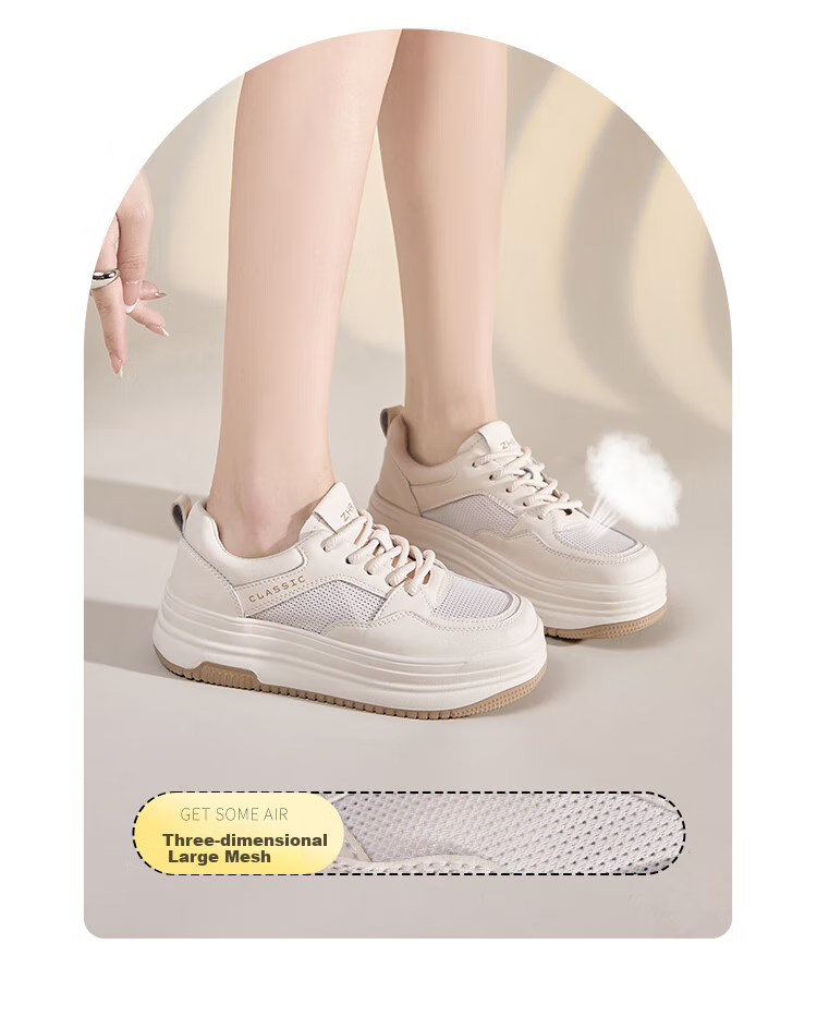 ZHR White Sneakers for Women, Summer Mesh Breathable Shoes, Thick-Soled Heightening Lightweight Skateboard Shoes for Women, AH516E, Beige, Size 37 6
