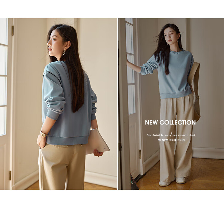Mt Color-Block Stripe Spring Solid Fresh Simple Style Slightly Stretchy Fleece-Lined Thickened Versatile Warm Sweatshirt 8