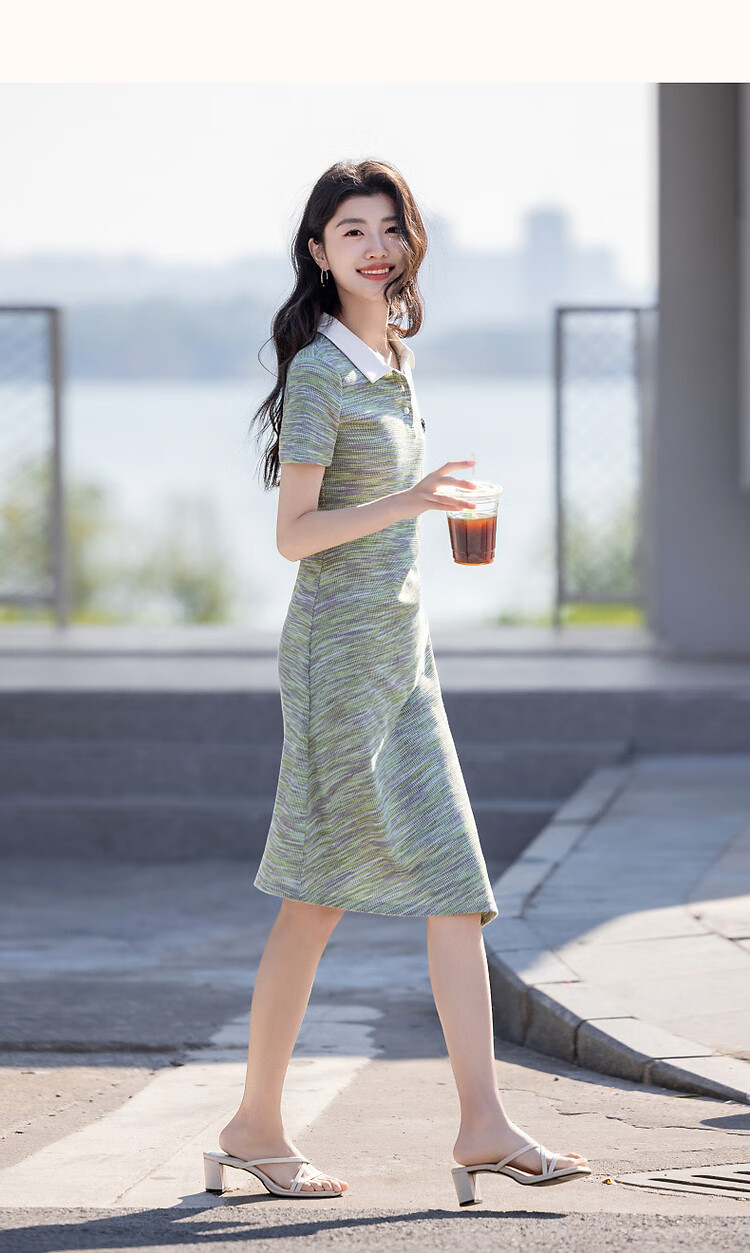 Demana [With Cloud Cotton] Summer Smart Color-Block Polo Collar Pleated Waist Color Yarn Knit Women's Dress 10