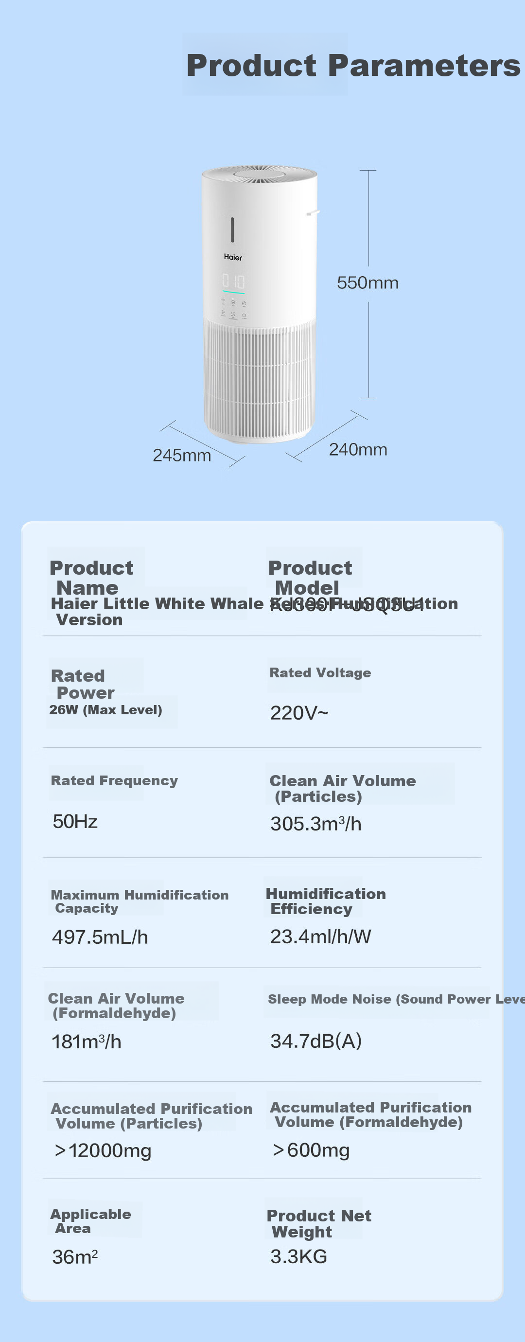 Haier Air Purifier, Home All-In Purifier And Humidifier, New House Formaldehyde Removal, Bacteria Elimination, Secondhand Smoke Odor Elimination, Allergen Removal, Pet Dander Elimination, Suitable for Bedroom And Mother And Baby Use, Baijing JS3 12