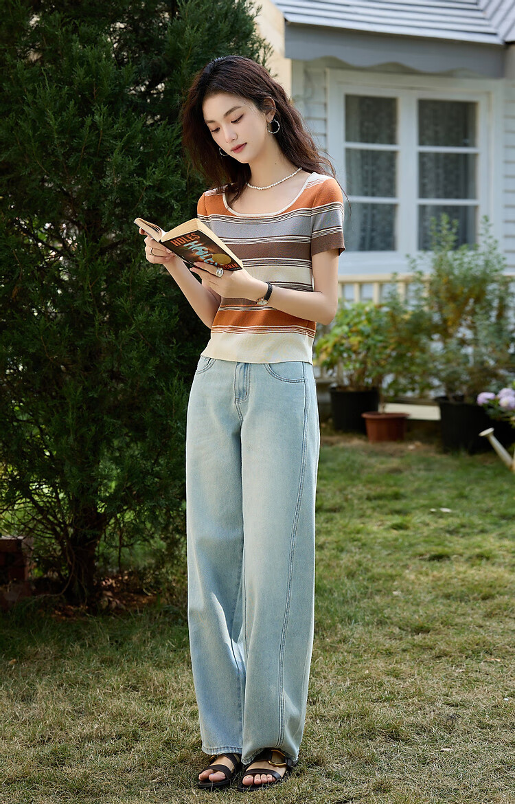 Dme [Meilad Color Series] Summer Vintage U-Neck Ice Silk Sweater, Contrasting Color Slightly Elastic, Inclusive Knit Top for Wome 10