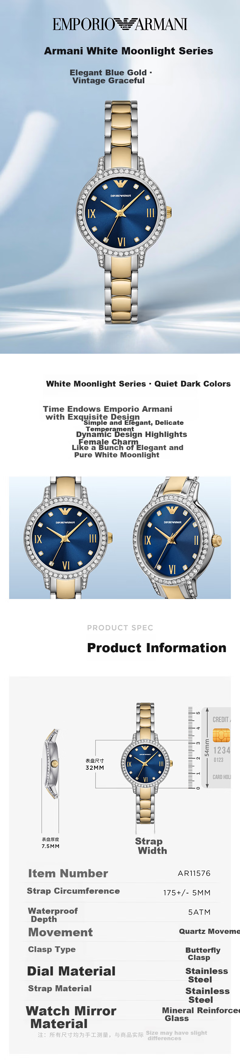 EMPORIO ARMANI Women's Watch, White Moonlight Series, Elegant Blue Gold Diamond-Encrusted Quartz Watch, Birthday Gift for Girlfriend, AR11576 1
