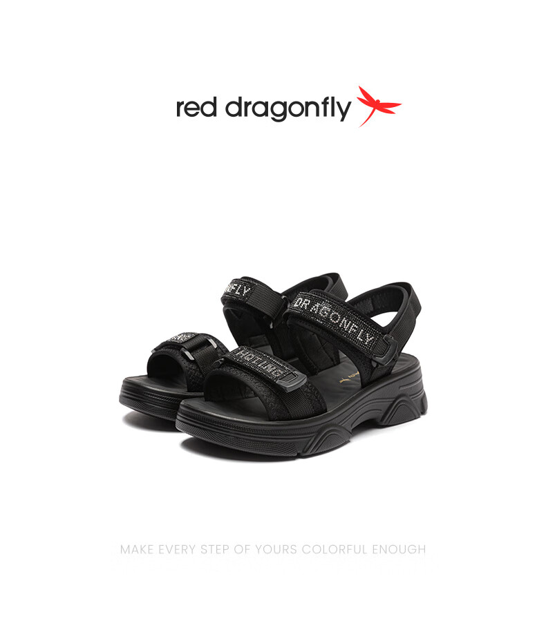 Red Dragonfly Women's Sports Sandals Summer New Thick Sole Magic Tape Beach Shoes WTK25355 Black Size 37 1