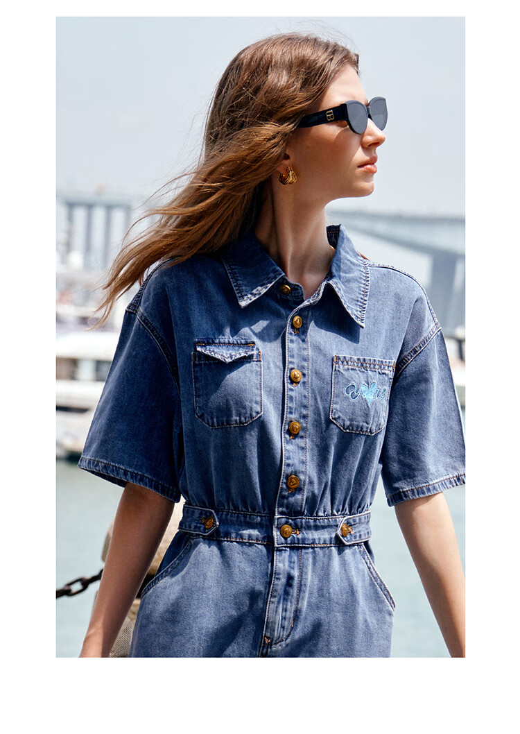 Olrain Short-Sleeve Denim Dress, Summer Women's Wear, Waist-Cinching Slimming Thin Commuter Dress, Light Blue, L 21