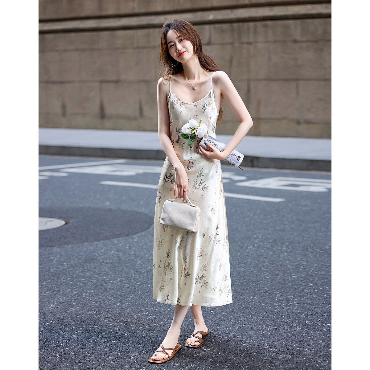 Demana [Pearl Luster] Spring French Style 100% Eastman Acetate Foil Print Camisole Dress for Women