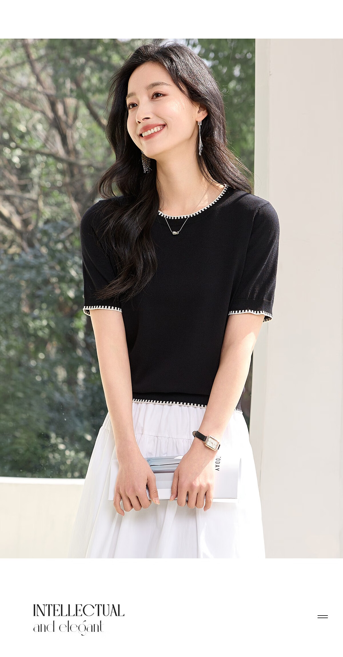 Chushen Summer Knitted Short-Sleeve T-Shirt for Women, Fashionable Round Neck Contrasting Color Design, Simple And Elegant Knitted Top Base Shirt S52T025 16