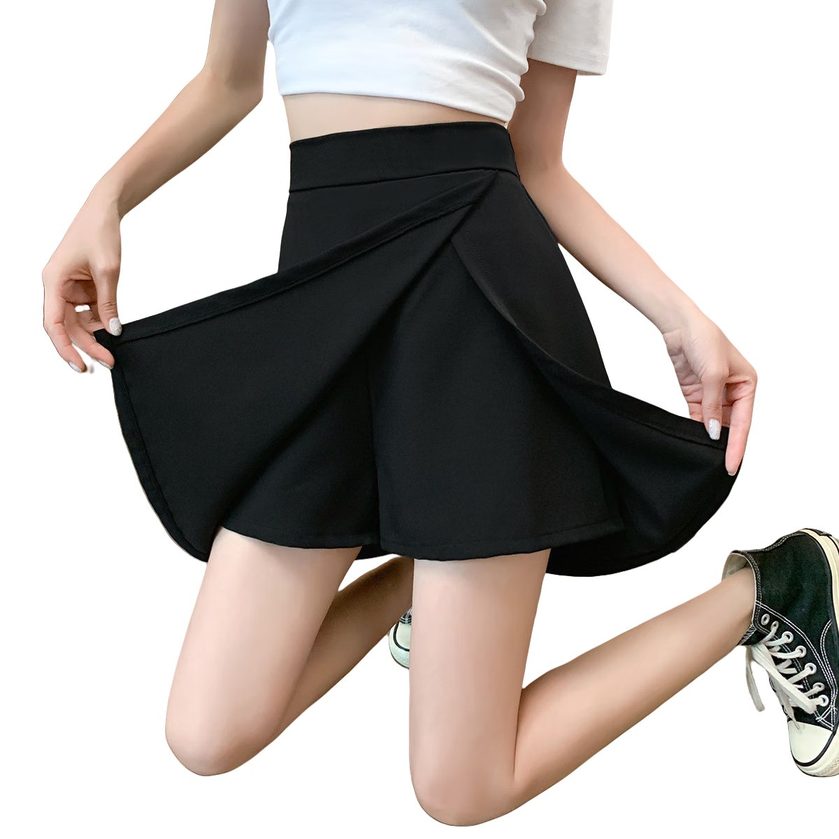 Langsha Women's High-Waist Asymmetric Slit Design Slim Fit A-Line Anti-Exposure Short Skirt Pants