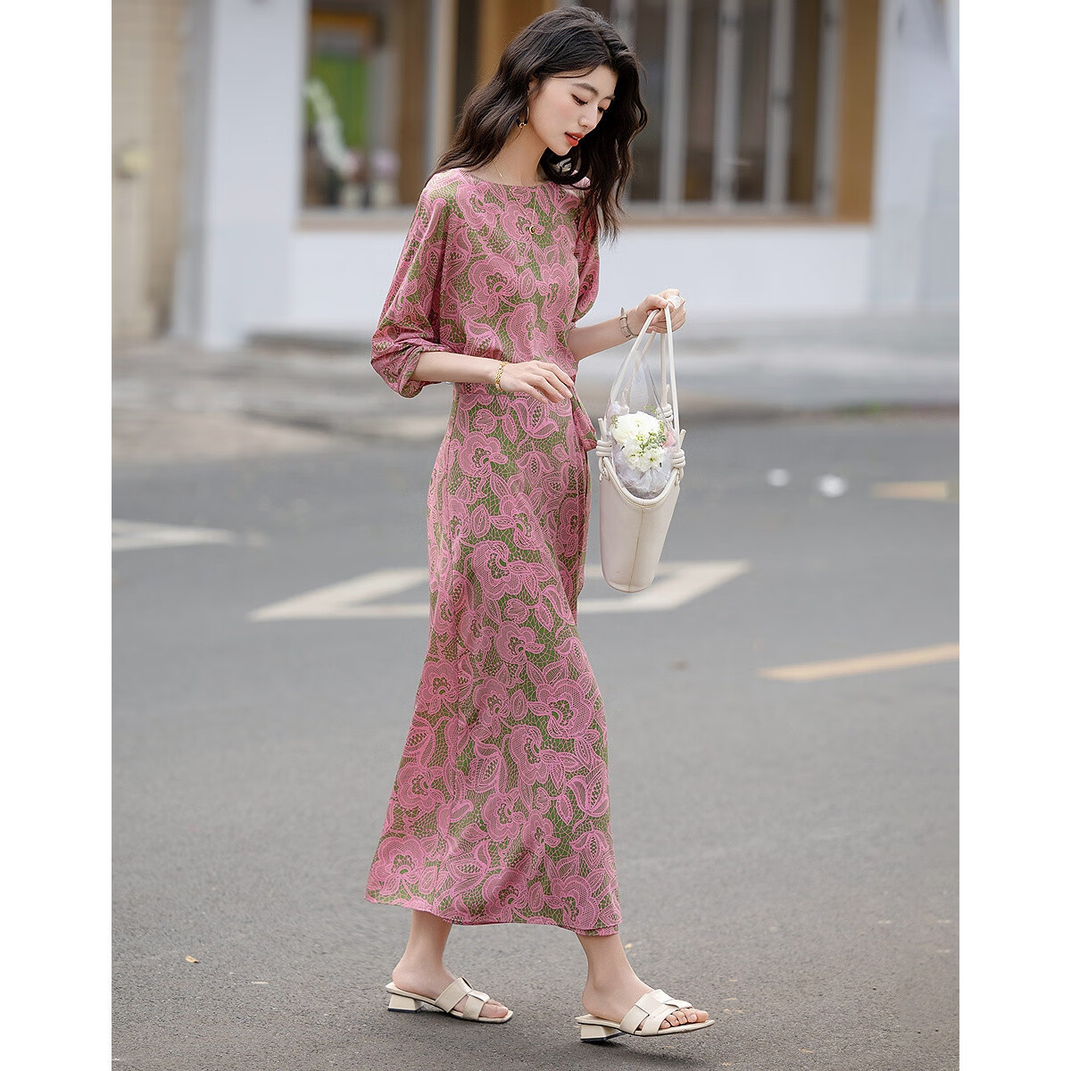 Dme One-Piece Waist-Tie Summer Off-Shoulder Tea Dress Flowing Composite Silk Floral Slimming Women's Dress